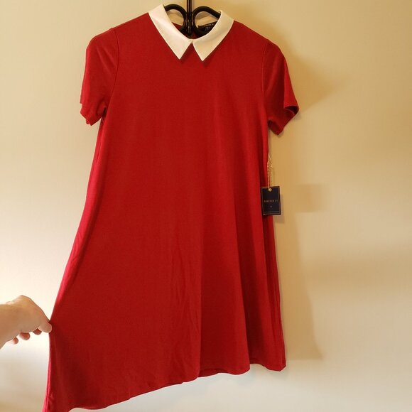 Forever 21 Vibrant Red Short Sleeve Mini Dress With White flared Collar Small - Picture 2 of 4